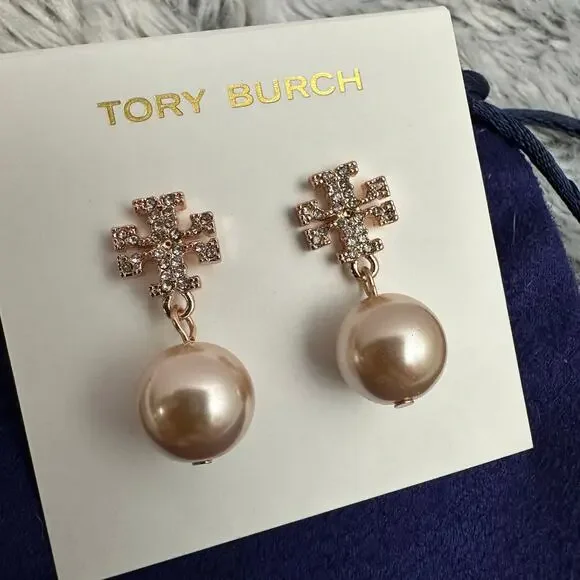 Tory Burch Kira Pave Rose Gold Rhinestone Logo Dangle Pearl Earrings Dustbag NEW - Picture 3 of 6
